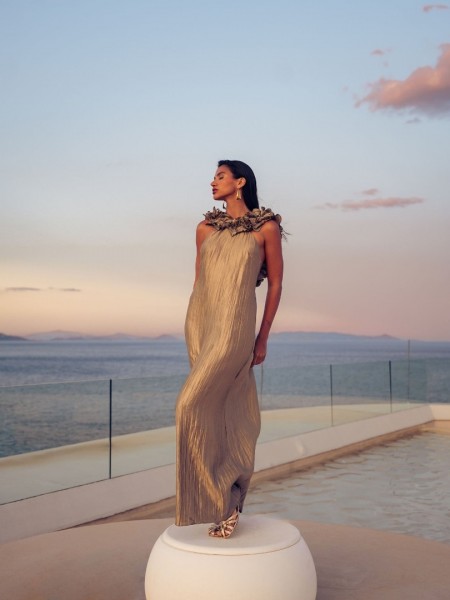 OLIVE MAXI SHIMMERING PLEATED DRESS