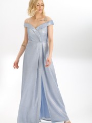 Σιελ lurex αμάνικο maxi φόρεμα με έξω ώμους, καρδούλα μπούστο, τιράντα κεντημένη με στρας, μικρές μπροστινές πιέτες και μπροστινό άνοιγμα for you fashion 