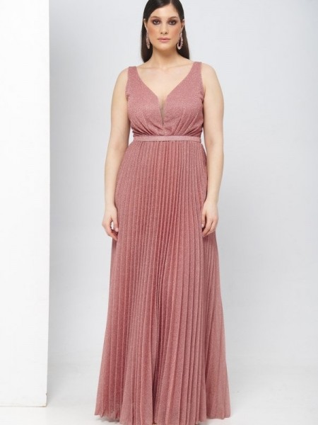 Πούδρα lurex αμάνικο maxi φόρεμα με πλισέ φούστα For you fashion