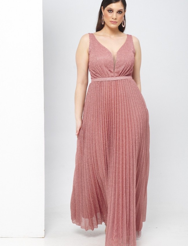 Πούδρα lurex αμάνικο maxi φόρεμα με πλισέ φούστα For you fashion