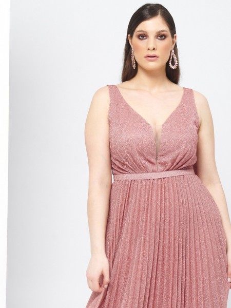 Πούδρα lurex αμάνικο maxi φόρεμα με πλισέ φούστα For you fashion