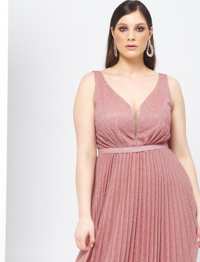 Πούδρα lurex αμάνικο maxi φόρεμα με πλισέ φούστα For you fashion