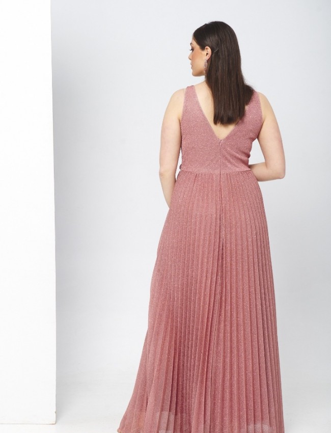 Πούδρα lurex αμάνικο maxi φόρεμα με πλισέ φούστα For you fashion