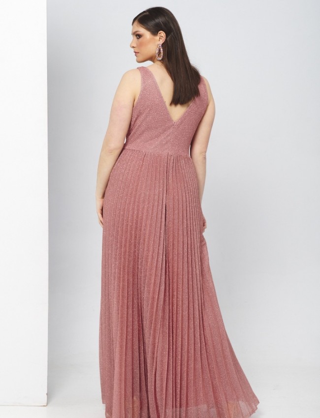 Πούδρα lurex αμάνικο maxi φόρεμα με πλισέ φούστα For you fashion