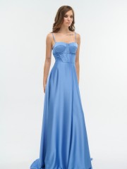 Light blue αμάνικο maxi σατέν φόρεμα σε κλος γραμμή, με εφαρμοστό μπούστο, αποσπώμενες τιράντες και ρυθμιζόμενα κορδόνια στην πλάτη For you fashion