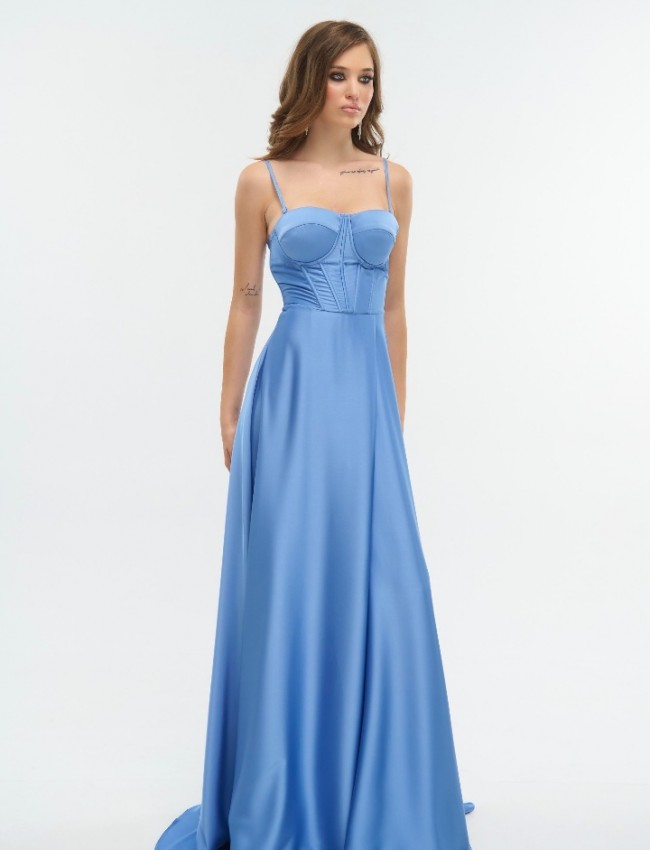 Light blue αμάνικο maxi σατέν φόρεμα σε κλος γραμμή, με εφαρμοστό μπούστο, αποσπώμενες τιράντες και ρυθμιζόμενα κορδόνια στην πλάτη For you fashion