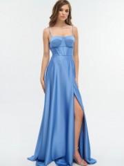 Light blue αμάνικο maxi σατέν φόρεμα σε κλος γραμμή, με εφαρμοστό μπούστο, αποσπώμενες τιράντες και ρυθμιζόμενα κορδόνια στην πλάτη For you fashion