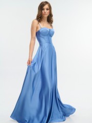 Light blue αμάνικο maxi σατέν φόρεμα σε κλος γραμμή, με εφαρμοστό μπούστο, αποσπώμενες τιράντες και ρυθμιζόμενα κορδόνια στην πλάτη For you fashion