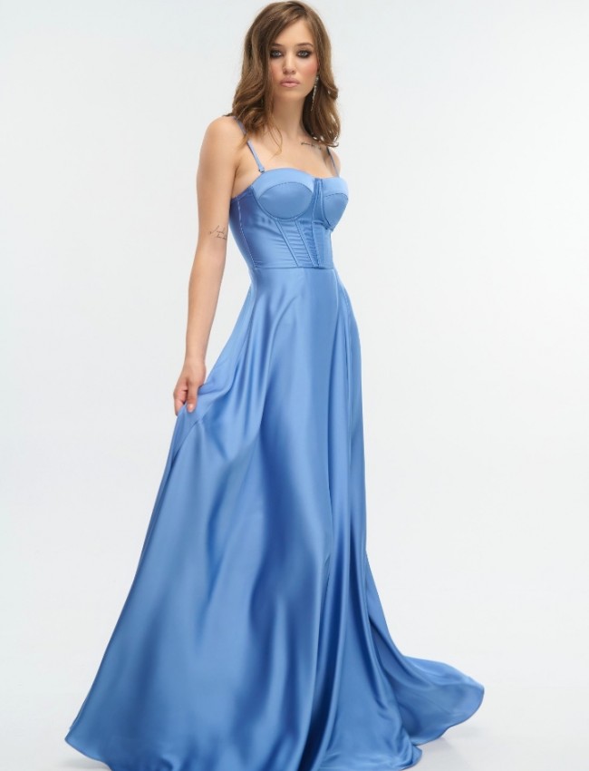 Light blue αμάνικο maxi σατέν φόρεμα σε κλος γραμμή, με εφαρμοστό μπούστο, αποσπώμενες τιράντες και ρυθμιζόμενα κορδόνια στην πλάτη For you fashion