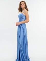 Light blue αμάνικο maxi σατέν φόρεμα σε κλος γραμμή, με εφαρμοστό μπούστο, αποσπώμενες τιράντες και ρυθμιζόμενα κορδόνια στην πλάτη For you fashion