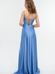 Light blue αμάνικο maxi σατέν φόρεμα σε κλος γραμμή, με εφαρμοστό μπούστο, αποσπώμενες τιράντες και ρυθμιζόμενα κορδόνια στην πλάτη For you fashion