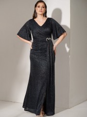 Μπλε navy lurex κοντομάνικο maxi φόρεμα με μικρό V στην λαιμόκοψη , αγκράφα-καρδιά μπροστά με στρας  και μπροστινό άνοιγμα for you fashion