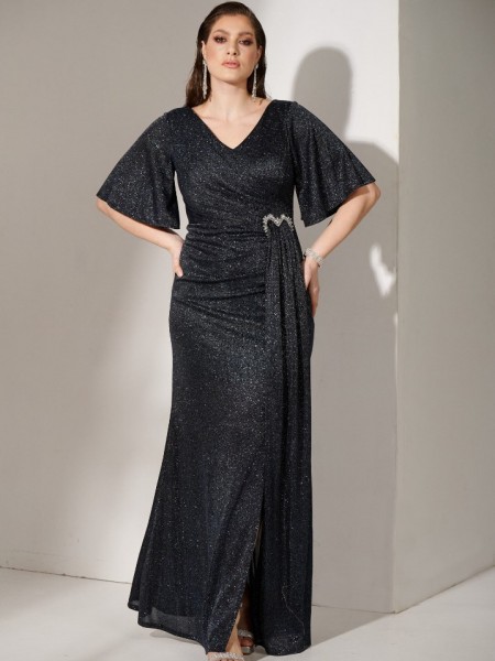 Μπλε navy lurex κοντομάνικο maxi φόρεμα με μικρό V στην λαιμόκοψη , αγκράφα-καρδιά μπροστά με στρας  και μπροστινό άνοιγμα for you fashion