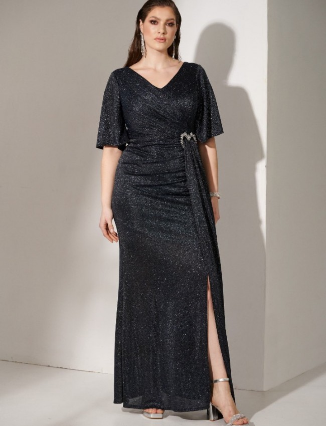 Μπλε navy lurex κοντομάνικο maxi φόρεμα με μικρό V στην λαιμόκοψη , αγκράφα-καρδιά μπροστά με στρας  και μπροστινό άνοιγμα for you fashion