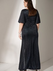 Μπλε navy lurex κοντομάνικο maxi φόρεμα με μικρό V στην λαιμόκοψη , αγκράφα-καρδιά μπροστά με στρας  και μπροστινό άνοιγμα for you fashion