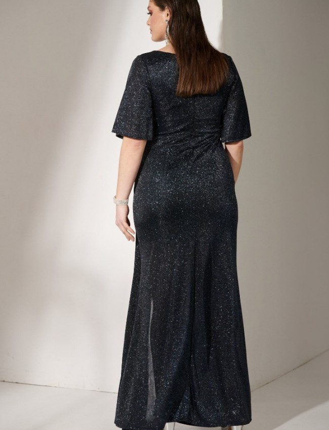 Μπλε navy lurex κοντομάνικο maxi φόρεμα με μικρό V στην λαιμόκοψη , αγκράφα-καρδιά μπροστά με στρας  και μπροστινό άνοιγμα for you fashion