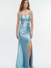 Light blue αμάνικο ζέρσεΐ maxi φόρεμα σε γοργονέ γραμμή, σούρες στο πλάι, μπροστινό άνοιγμα και χιαστί ρυθμιζόμενες τιράντες στην  πλάτη for you fashion