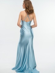 Light blue αμάνικο ζέρσεΐ maxi φόρεμα σε γοργονέ γραμμή, σούρες στο πλάι, μπροστινό άνοιγμα και χιαστί ρυθμιζόμενες τιράντες στην  πλάτη for you fashion