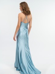Light blue αμάνικο ζέρσεΐ maxi φόρεμα σε γοργονέ γραμμή, σούρες στο πλάι, μπροστινό άνοιγμα και χιαστί ρυθμιζόμενες τιράντες στην  πλάτη for you fashion