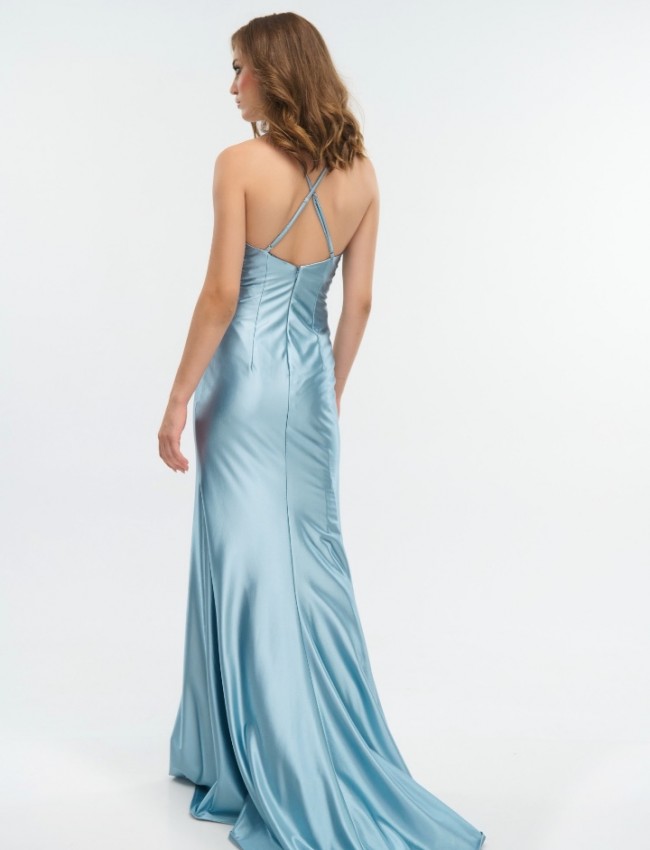 Light blue αμάνικο ζέρσεΐ maxi φόρεμα σε γοργονέ γραμμή, σούρες στο πλάι, μπροστινό άνοιγμα και χιαστί ρυθμιζόμενες τιράντες στην  πλάτη for you fashion