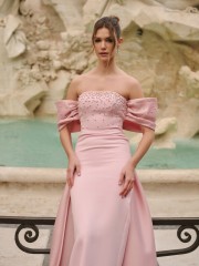 Ροζ strapless maxi κρεπ ελαστικό φόρεμα σε ίσια γραμμή, με έξω ώμους, ταφταδένιους φιόγκους μανίκια και αποσπώμενη ούρα πίσω For you fashion