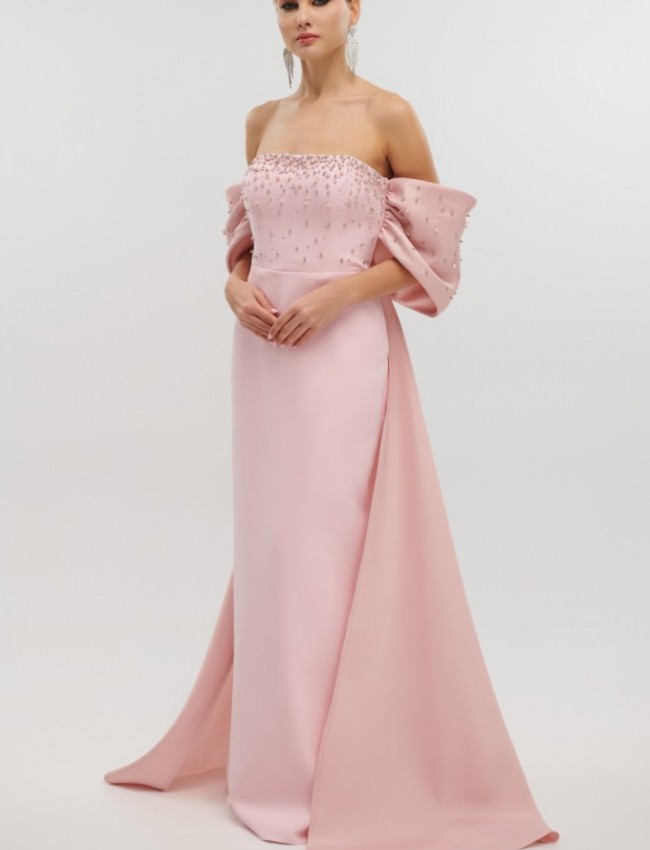 Ροζ strapless maxi κρεπ ελαστικό φόρεμα σε ίσια γραμμή, με έξω ώμους, ταφταδένιους φιόγκους μανίκια και αποσπώμενη ούρα πίσω For you fashion