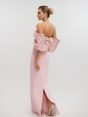 Ροζ strapless maxi κρεπ ελαστικό φόρεμα σε ίσια γραμμή, με έξω ώμους, ταφταδένιους φιόγκους μανίκια και αποσπώμενη ούρα πίσω For you fashion