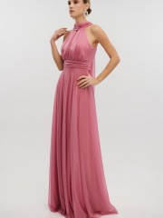 Old pink αμάνικο maxi φόρεμα με glitter, σε κλος γραμμή, με κλειστή στρογγυλή λαιμόκοψη, παρτούς ώμους και κλείσιμο με φερμουάρ και φιόγκο ψηλά στην πλάτη For you fashion