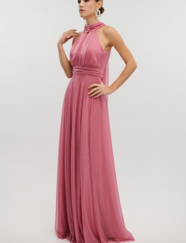 Old pink αμάνικο maxi φόρεμα με glitter, σε κλος γραμμή, με κλειστή στρογγυλή λαιμόκοψη, παρτούς ώμους και κλείσιμο με φερμουάρ και φιόγκο ψηλά στην πλάτη For you fashion