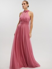 Old pink αμάνικο maxi φόρεμα με glitter, σε κλος γραμμή, με κλειστή στρογγυλή λαιμόκοψη, παρτούς ώμους και κλείσιμο με φερμουάρ και φιόγκο ψηλά στην πλάτη For you fashion