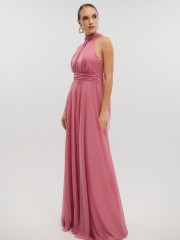 Old pink αμάνικο maxi φόρεμα με glitter, σε κλος γραμμή, με κλειστή στρογγυλή λαιμόκοψη, παρτούς ώμους και κλείσιμο με φερμουάρ και φιόγκο ψηλά στην πλάτη For you fashion