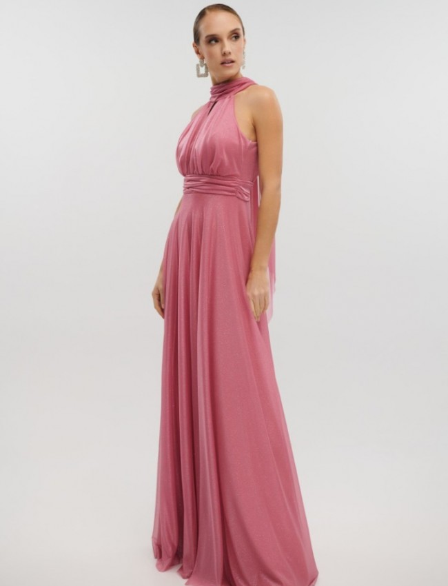 Old pink αμάνικο maxi φόρεμα με glitter, σε κλος γραμμή, με κλειστή στρογγυλή λαιμόκοψη, παρτούς ώμους και κλείσιμο με φερμουάρ και φιόγκο ψηλά στην πλάτη For you fashion