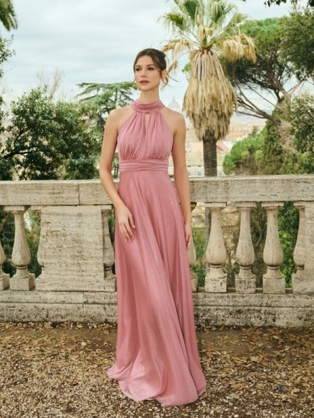 Old pink αμάνικο maxi φόρεμα με glitter, σε κλος γραμμή, με κλειστή στρογγυλή λαιμόκοψη, παρτούς ώμους και κλείσιμο με φερμουάρ και φιόγκο ψηλά στην πλάτη For you fashion
