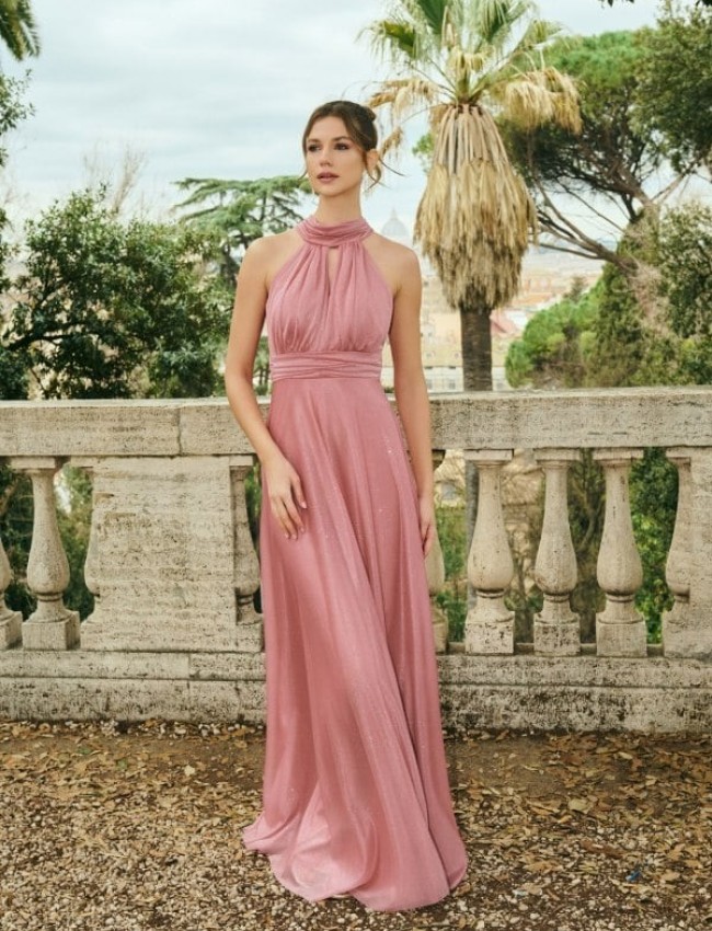 Old pink αμάνικο maxi φόρεμα με glitter, σε κλος γραμμή, με κλειστή στρογγυλή λαιμόκοψη, παρτούς ώμους και κλείσιμο με φερμουάρ και φιόγκο ψηλά στην πλάτη For you fashion