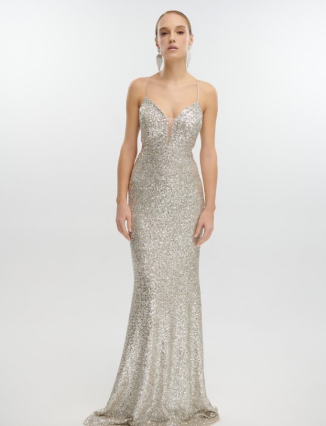Light gold αμάνικο maxi ελαστικό παγετένιο φόρεμα σε εφαρμοστή γοργονέ γραμμή, μικρή διαφάνεια στο μπούστο και χιαστί ρυθμιζόμενα κορδόνια στην έξω πλάτη for you fashion Light gold αμάνικο maxi ελαστικό παγετένιο φόρεμα σε εφαρμοστή γοργονέ γραμμή, μικρή διαφάνεια στο μπούστο και χιαστί ρυθμιζόμενα κορδόνια στην έξω πλάτη for you fashion