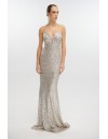 Light gold αμάνικο maxi ελαστικό παγετένιο φόρεμα σε εφαρμοστή γοργονέ γραμμή, μικρή διαφάνεια στο μπούστο και χιαστί ρυθμιζόμενα κορδόνια στην έξω πλάτη for you fashion 