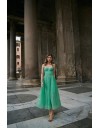 Apple green αμάνικο midi φόρεμα από glitter τούλι με πιέτες, μπούστο–κορσές, αποσπώμενες τιράντες και κλείσιμο με κορδόνια στην πλάτη for you fashion