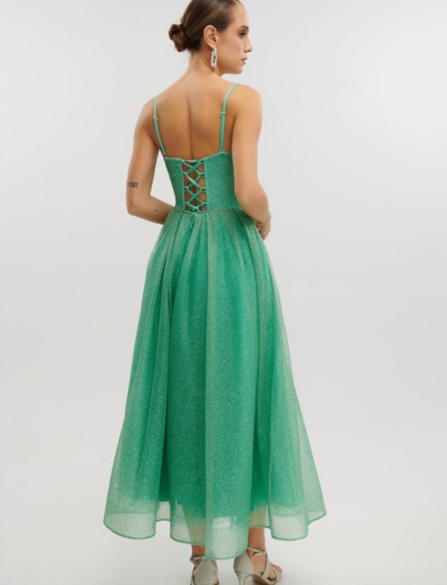 Apple green αμάνικο midi φόρεμα από glitter τούλι με πιέτες, μπούστο–κορσές, αποσπώμενες τιράντες και κλείσιμο με κορδόνια στην πλάτη for you fashion