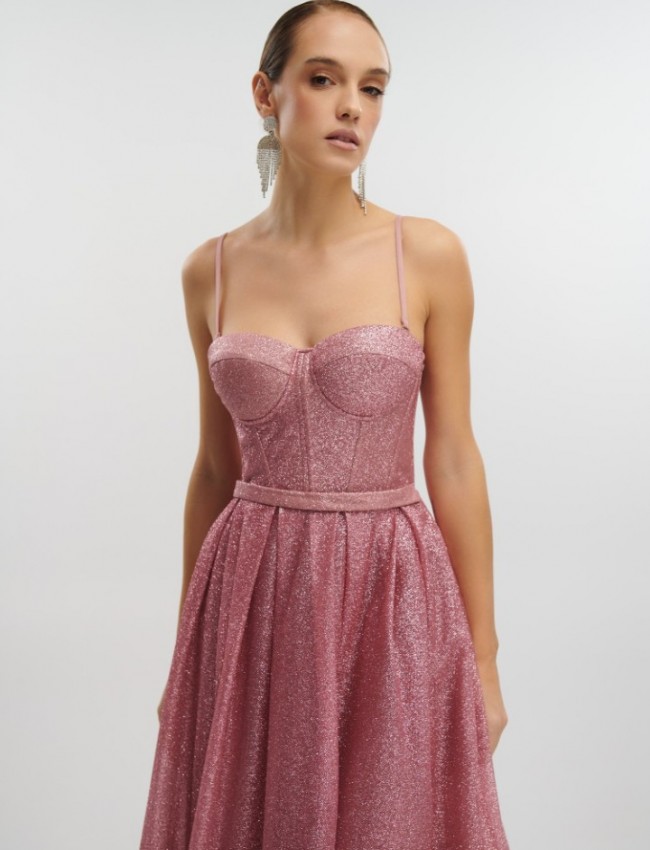 Old pink αμάνικο midi φόρεμα από glitter τούλι με πιέτες, μπούστο–κορσές, αποσπώμενες τιράντες και κλείσιμο με κορδόνια στην πλάτη for you fashion