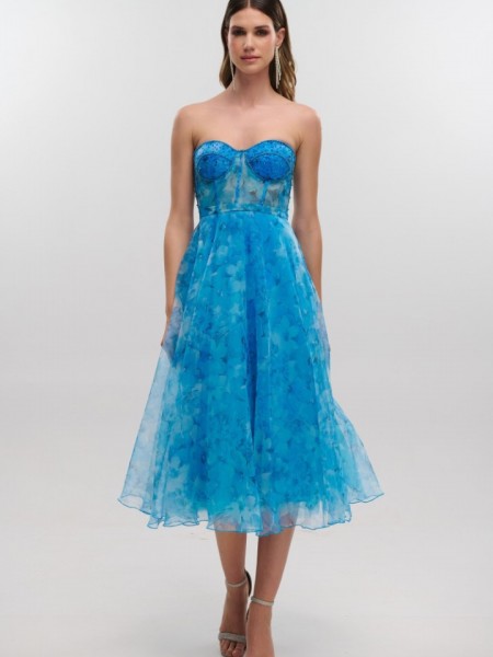 Floral printed σιελ τούλινο midi strapless φόρεμα με κεντημένο μπούστο, μη αποσπώμενο ζωνάκι και ρυθμιζόμενα κορδόνια στην πλάτη For you fashion