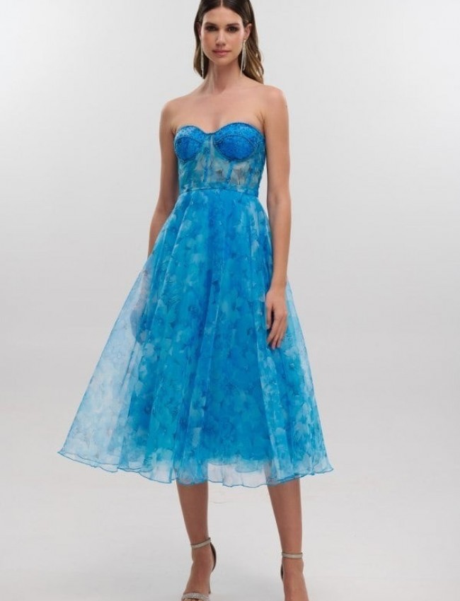 Floral printed σιελ τούλινο midi strapless φόρεμα με κεντημένο μπούστο, μη αποσπώμενο ζωνάκι και ρυθμιζόμενα κορδόνια στην πλάτη For you fashion
