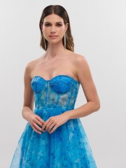 Floral printed σιελ τούλινο midi strapless φόρεμα με κεντημένο μπούστο, μη αποσπώμενο ζωνάκι και ρυθμιζόμενα κορδόνια στην πλάτη For you fashion