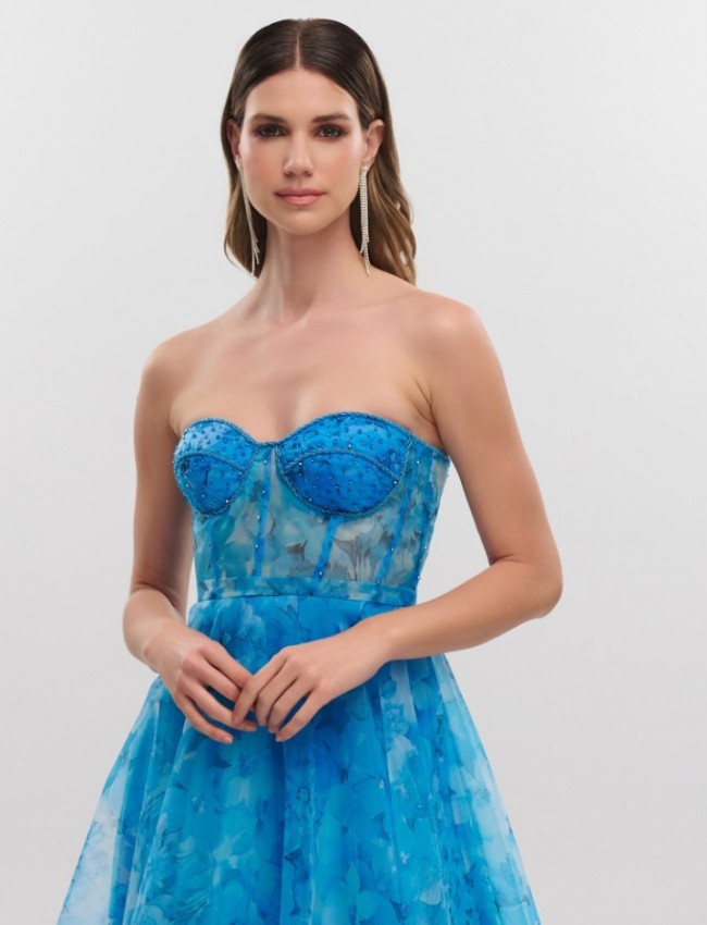 Floral printed σιελ τούλινο midi strapless φόρεμα με κεντημένο μπούστο, μη αποσπώμενο ζωνάκι και ρυθμιζόμενα κορδόνια στην πλάτη For you fashion