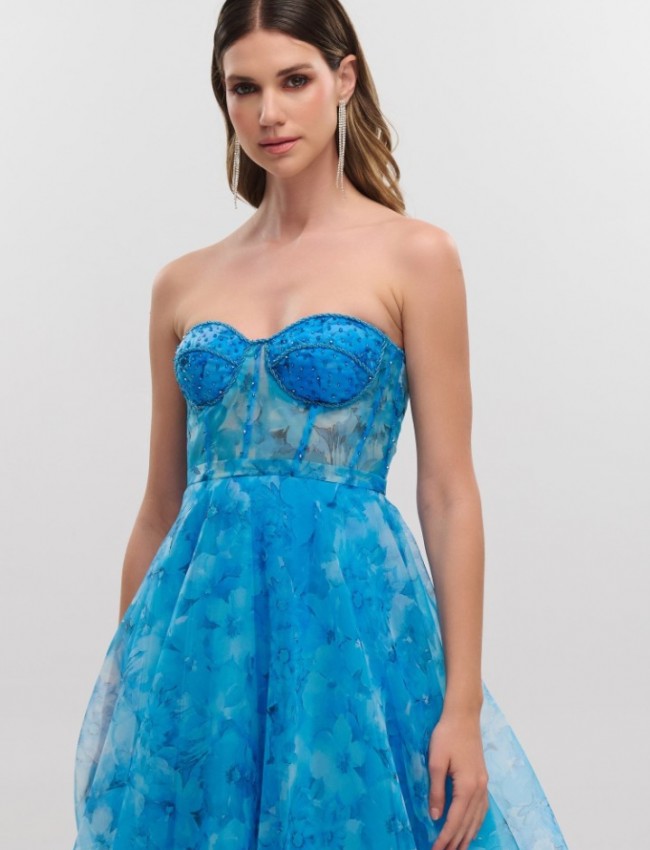 Floral printed σιελ τούλινο midi strapless φόρεμα με κεντημένο μπούστο, μη αποσπώμενο ζωνάκι και ρυθμιζόμενα κορδόνια στην πλάτη For you fashion