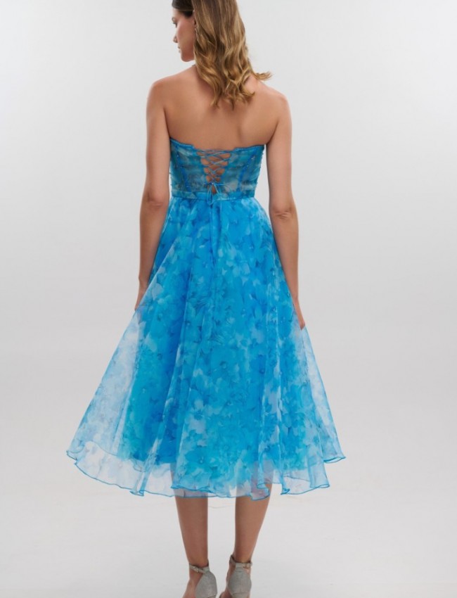 Floral printed σιελ τούλινο midi strapless φόρεμα με κεντημένο μπούστο, μη αποσπώμενο ζωνάκι και ρυθμιζόμενα κορδόνια στην πλάτη For you fashion