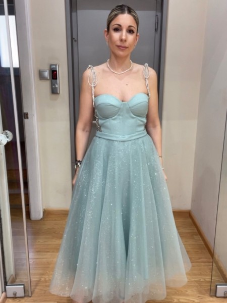 Μέντα strapless midi τούλινο φόρεμα με glitter, μη αποσπώμενο ζωνάκι στην μέση, ασημί κορδόνι στο πλάι και κλείσιμο με φερμουάρ πίσω For you fashion