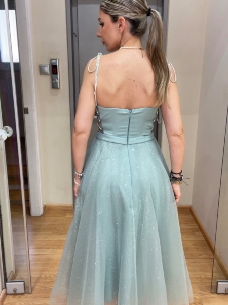 Μέντα strapless midi τούλινο φόρεμα με glitter, μη αποσπώμενο ζωνάκι στην μέση, ασημί κορδόνι στο πλάι και κλείσιμο με φερμουάρ πίσω For you fashion