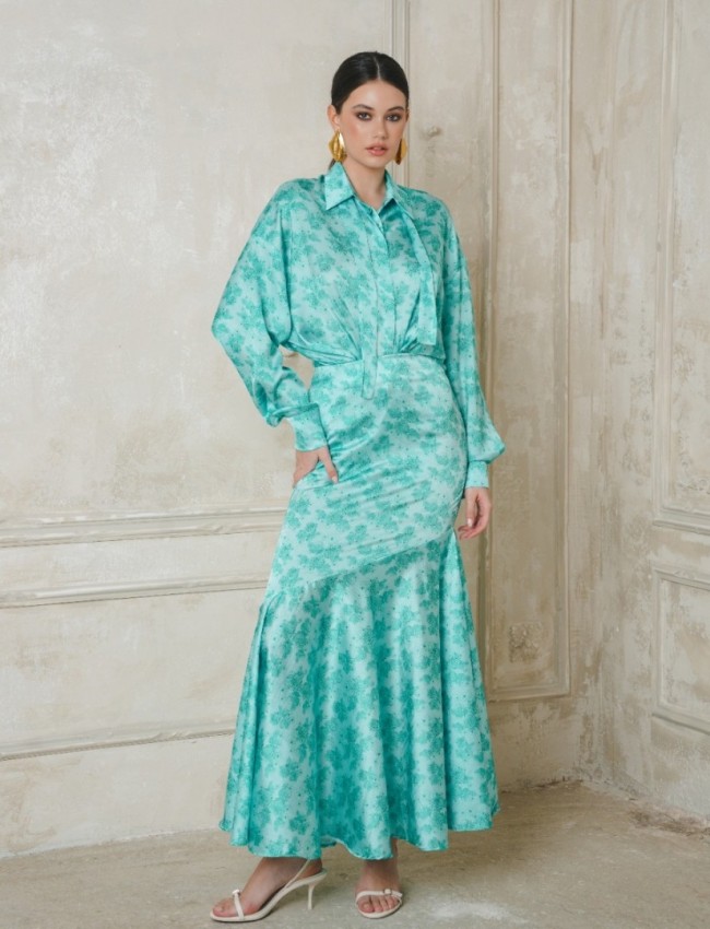 KIMMY AQUA SATIN MAXI SKIRT IRAIDA 