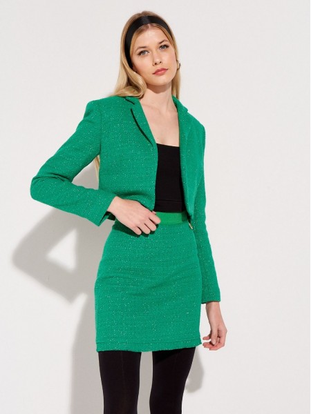 Πράσινο cropped σακάκι με ψάθα ύφασμα και ασημοκλωστή, χωρίς κούμπωμα Lynne