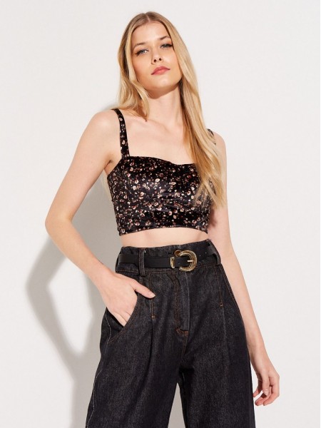 Floral printed μαύρο αμάνικο τοπ με λεπτή ρυθμιζόμενη τιράντα, λάστιχο στην πλάτη και κλείσιμο με φερμουάρ πίσω Lynne